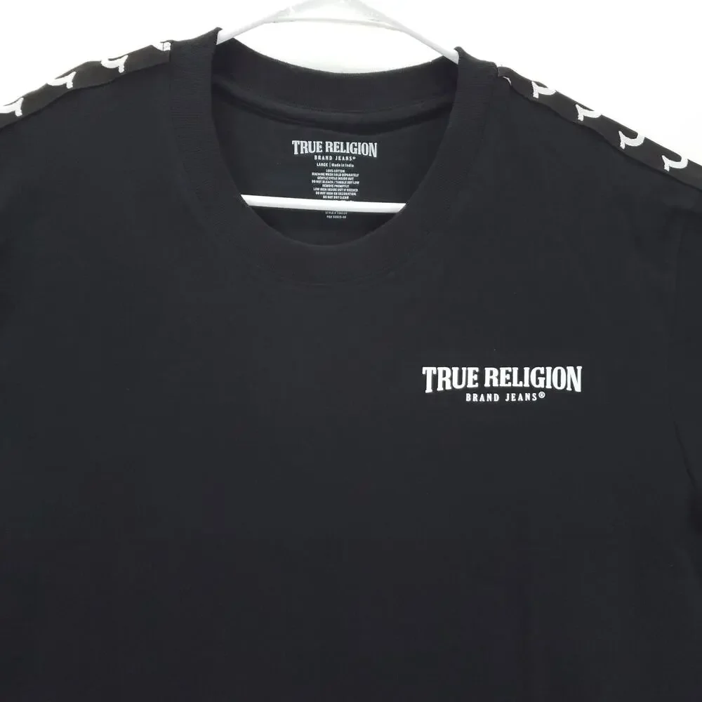 NEW True Religion Shirt Mens Large Jet Black Heavy Taping Short Sleeve Crew Neck